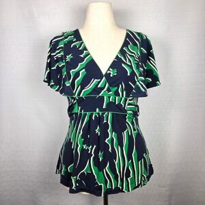 BCBG MAXAZRIA Top Abstract V-Neck Flutter Sleeve Tie Back Waist Navy/Green M‎
